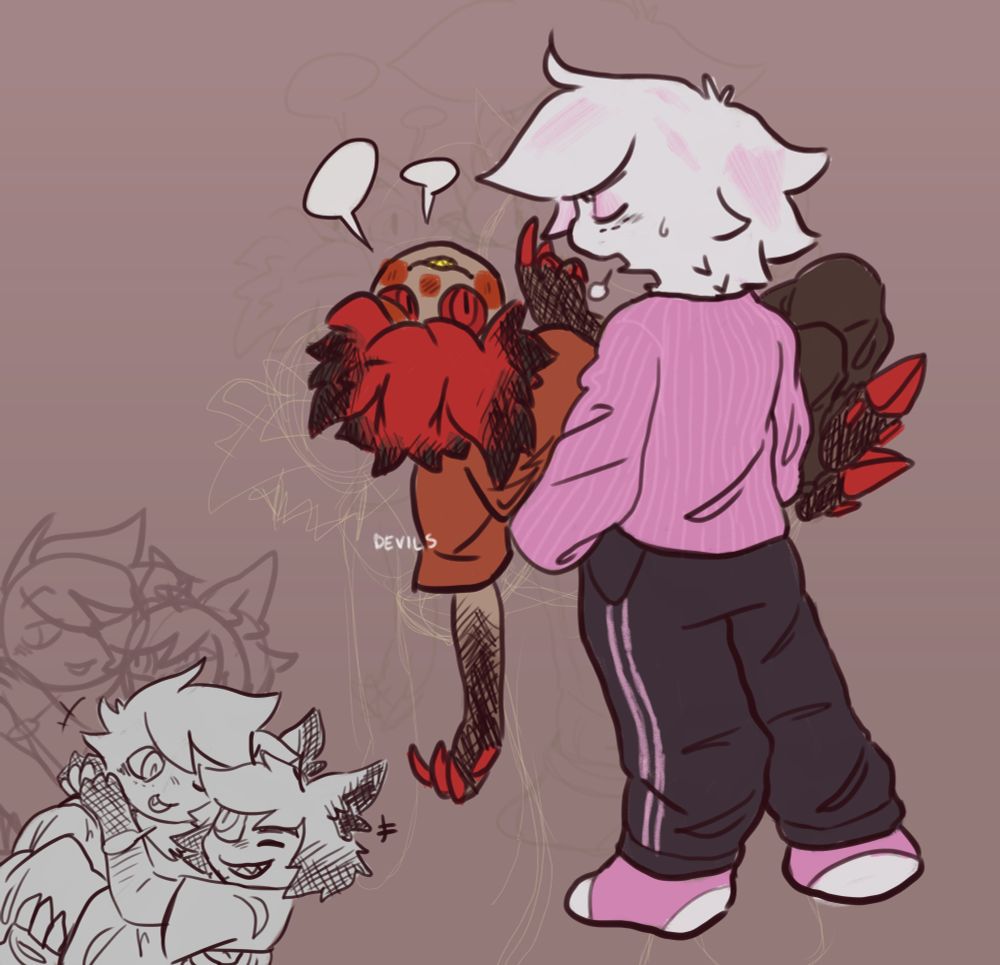 Two doodles of Angel Dust carrying Alastor bridal-style.