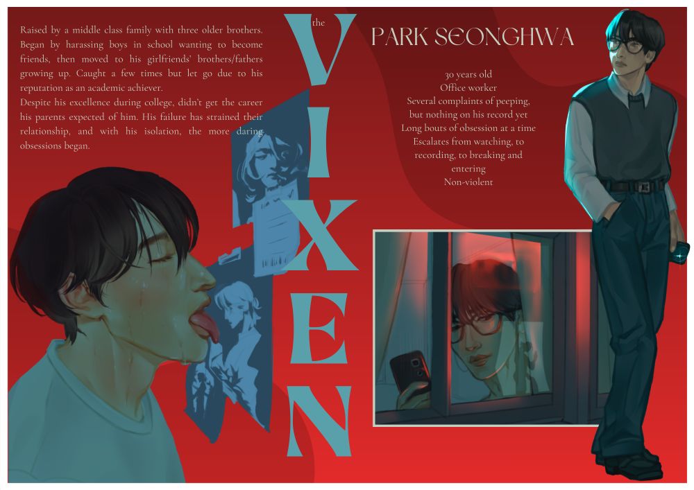 character sheet for freaks! AU. portrays: a sweaty seonghwa licking pictures of yeosang on a wall; seonghwa on his phone secretly taking a picture of yeosang through his window. seonghwa standing with a hand in his pocket. 
on the page, it reads: the VIXEN; Park Seonghwa; 30 years old,
Office worker,
Several complaints of peeping, but nothing on his record yet,
Long bouts of obsession at a time,
Escalates from watching, to recording, to breaking and entering,
Non-violent; Raised by a middle class family with three older brothers. Began by harassing boys in school wanting to become friends, then moved to his girlfriends’ brothers/fathers growing up. Caught a few times but let go due to his reputation as an academic achiever. 
Despite his excellence during college, didn’t get the career his parents expected of him. His failure has strained their relationship, and with his isolation, the more daring obsessions began.