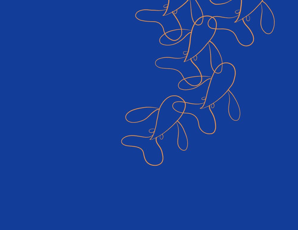 The orange outline of five fish swim up to the top right of the drawing. The outlines are overlapping each other. The background is a vibrant blue.