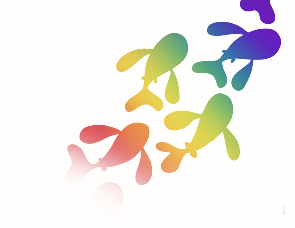 Fish swim up from the bottom left to the top right. The bottom left fish is swimming out of a white haze. The fish are all a gradient following the colors of rainbow from left to top right. The background is white.