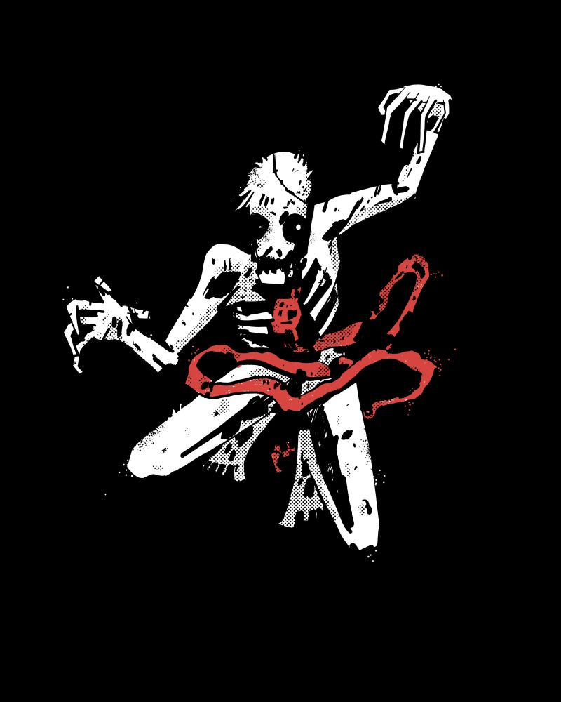 A emaciated ghost floats, looking both hungry and forlorn. Its torso has decayed enough to be just ribs framing a red, still beating, heart and red intestines. The intestines float around its legs, like pollution in murky water. The ghost has no shoes on.