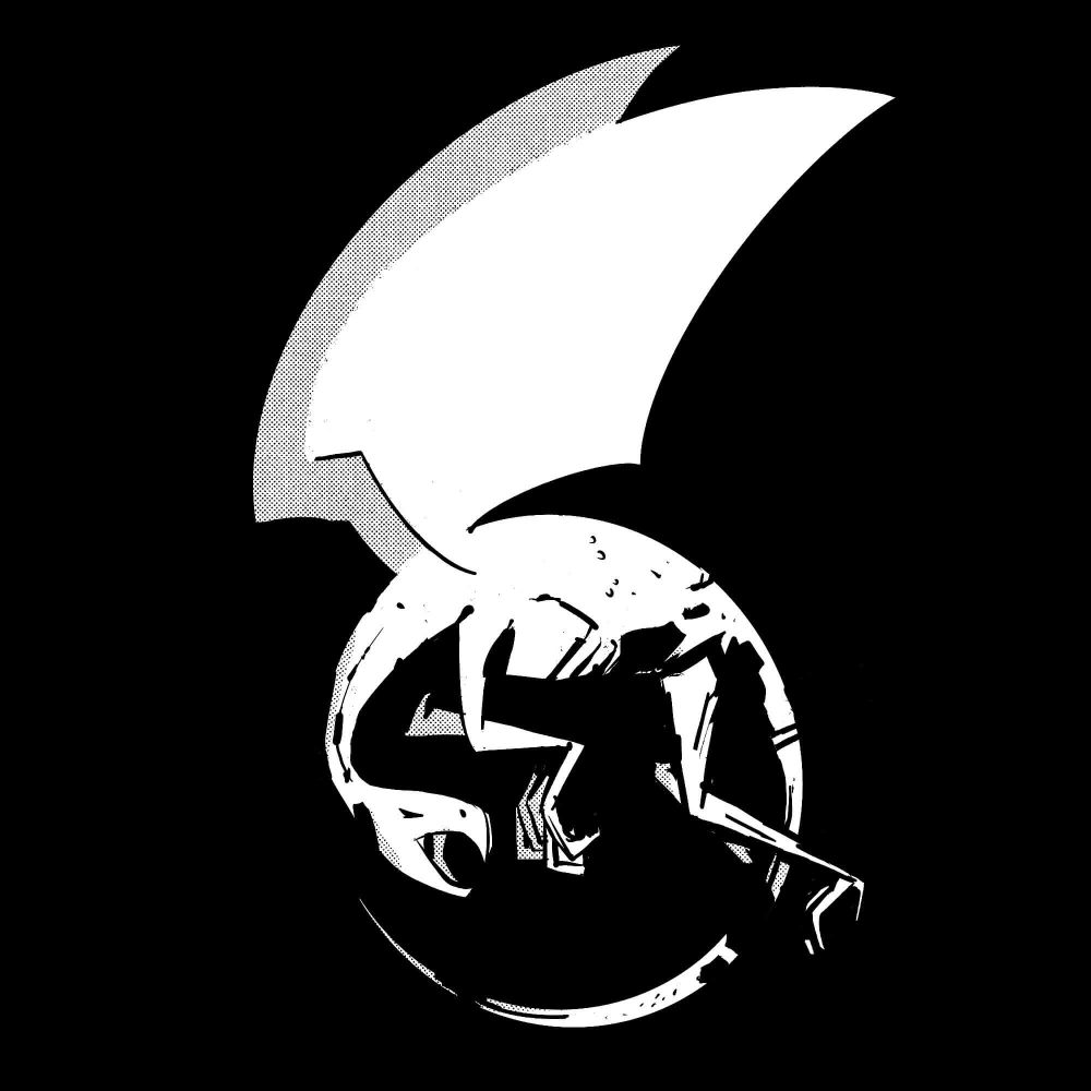 A black and white dragon of a dragon. It is flying, with its tail curling back on itself so it is making a circular shape. Large white wings expand above it. The background is black.