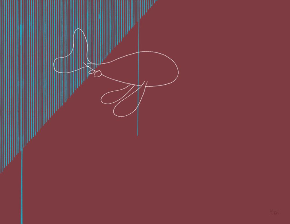 An offwhite outline of a fish swims from left to right. It's fins are down like it is sad. The top left of the image is a triangle made up of blue horizontal lines, with two extending further down the piece. The background is a dark brick color.