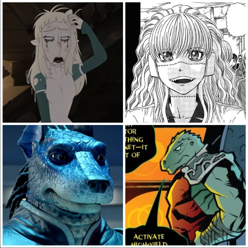 Doofus

-Bakara Jurgen (top left corner)

Franken Fran

-Gavrill Madaraki (top right corner)

Power Rangers - SPD

-Anubis "Doggie" Cruger (bottom left corner)

Star Trek TOS

-Gorn (bottom right corner)