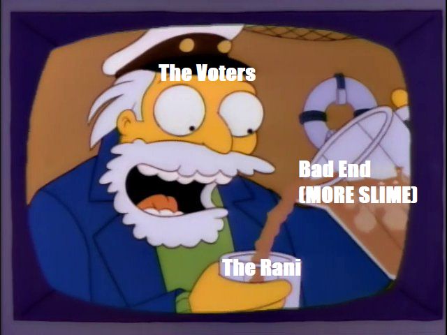 The Sea Captain from the Simpsons pouring a drink. 

The following words are:

The Voters (Sea Captain)

The jug (Bad End - MORE SLIME)

The glass (The Rani)