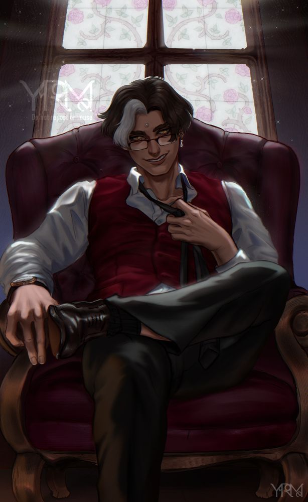 Drawing of ffxiv emet-selch with modern attire, getting off his necktie in a suggesting pose.