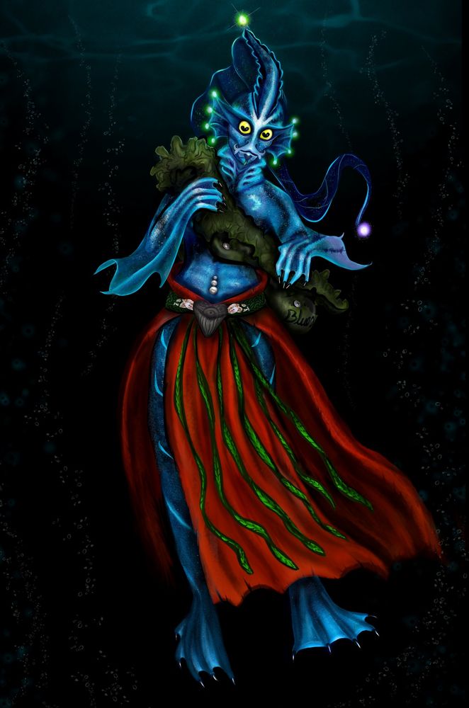 Mareel Marinesnow. A fantasy bioluminescent deep sea aquatic character in a red kilt draped in seaweed. Green and purple lights glow at the ends of long head fins. Barbels hang over the mouth like a mustache. they gaze at the viewer with big yellow eyes and crescent pupils.
