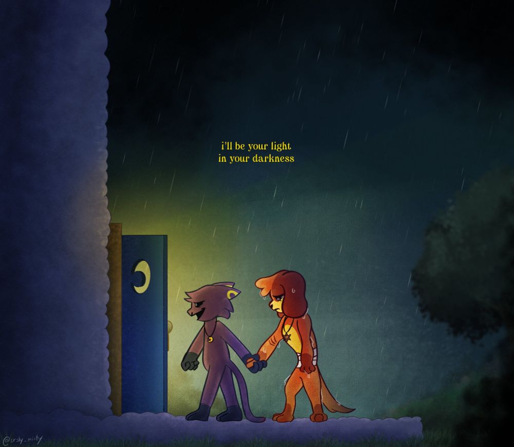 Catnap holding Dogday's hand outside his house. It is softly raining.