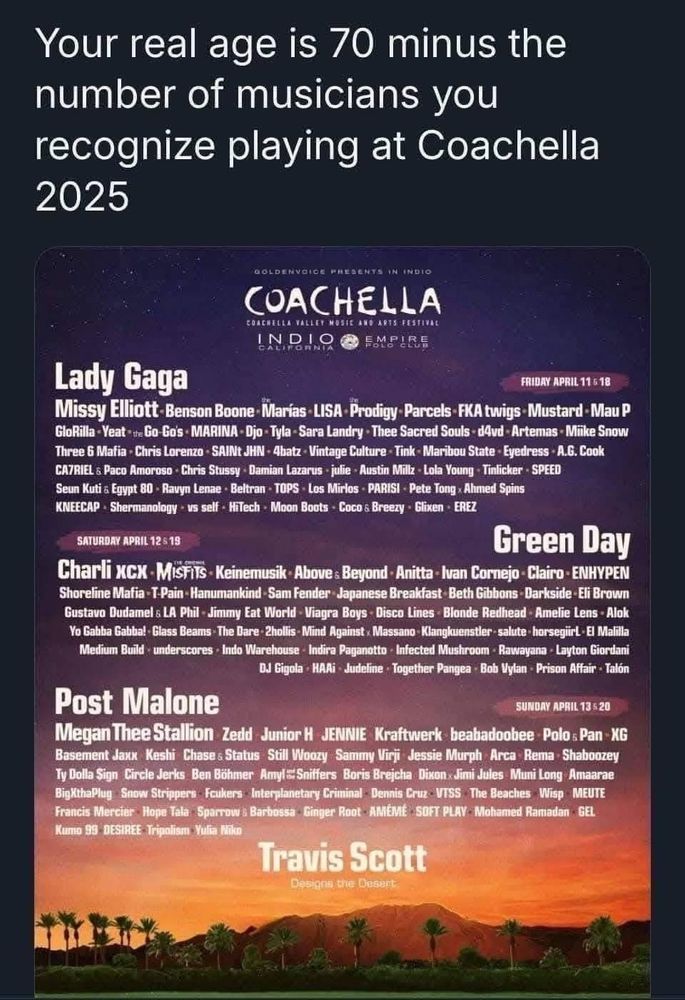 Votre âge véritable est 70 moins le nombre de musiciens que vous reconnaissez sur cette affiche de Coachella 2025.