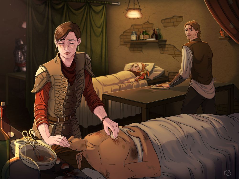 A scene of two people working in a clinic in a fantasy setting. The person in the foreground is a brunette human woman with a prominent facial scar. She is cleaning a wound on a elven patient's chest. In the background, a brunette human man is cleaning one of the exam tables, but getting distracted and watching the human woman softly as she works. In the bed across from him is a small elven child with a bandage on her arm and head. The doll beside her has matching bandages. Behind a curtain, just visible, is a set of templar armor on a rack. 
