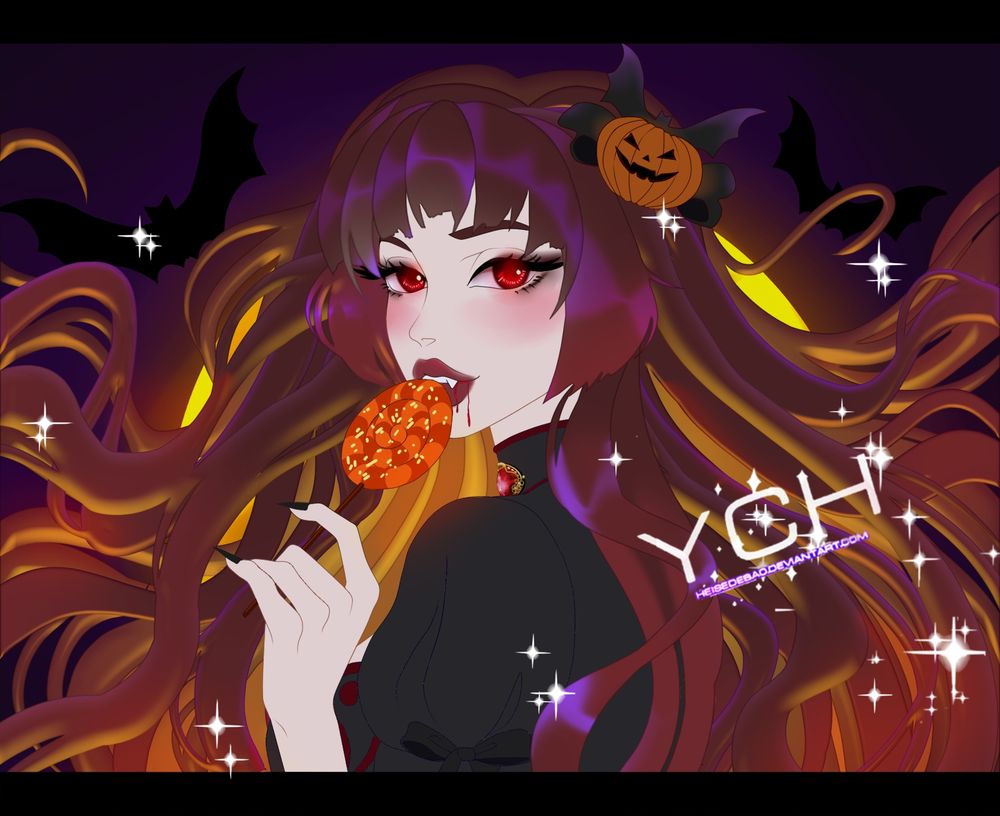 Beautiful female with long hair. Halloween themed image. Spooky halloween vibes. Pumpkin hair accessory. Character's name is Kat.