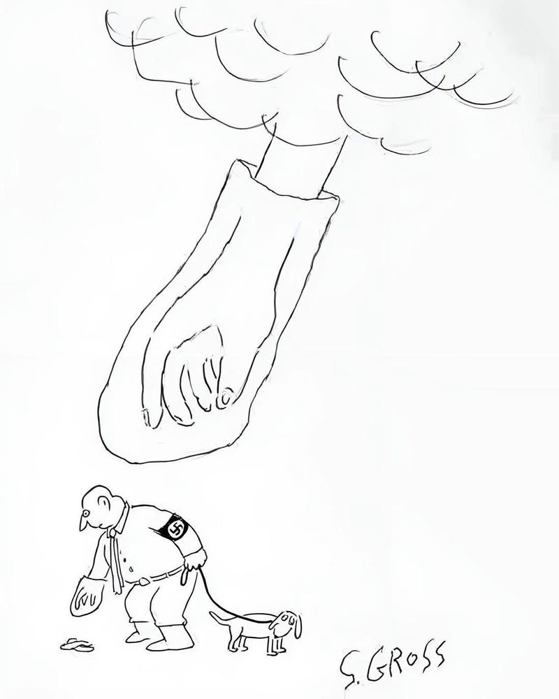 A cartoon of a Nazi with a poop bag picking up his dog’s poop below the hand of God with a poop bag picking up the Nazi. 