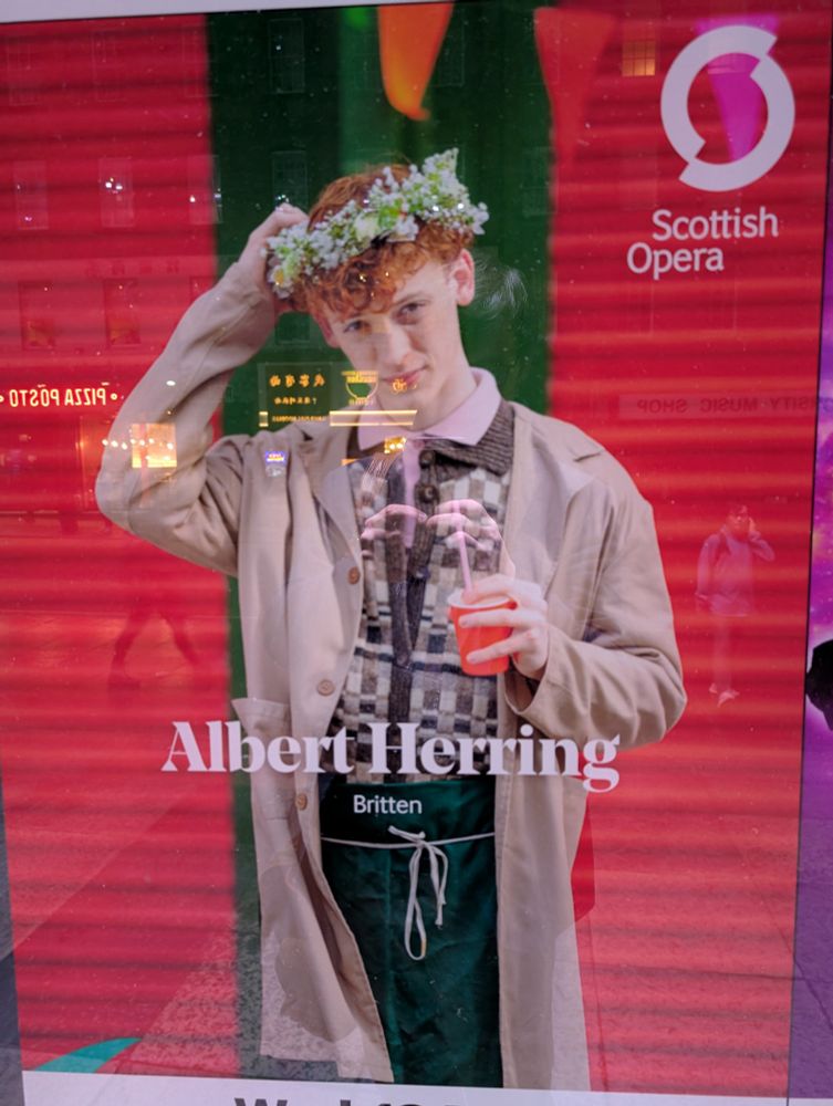 Poster depicting a boy wearing a light brown overcoat and a floral crown with text reading "Albert Herring". Scottish opera logo in top right