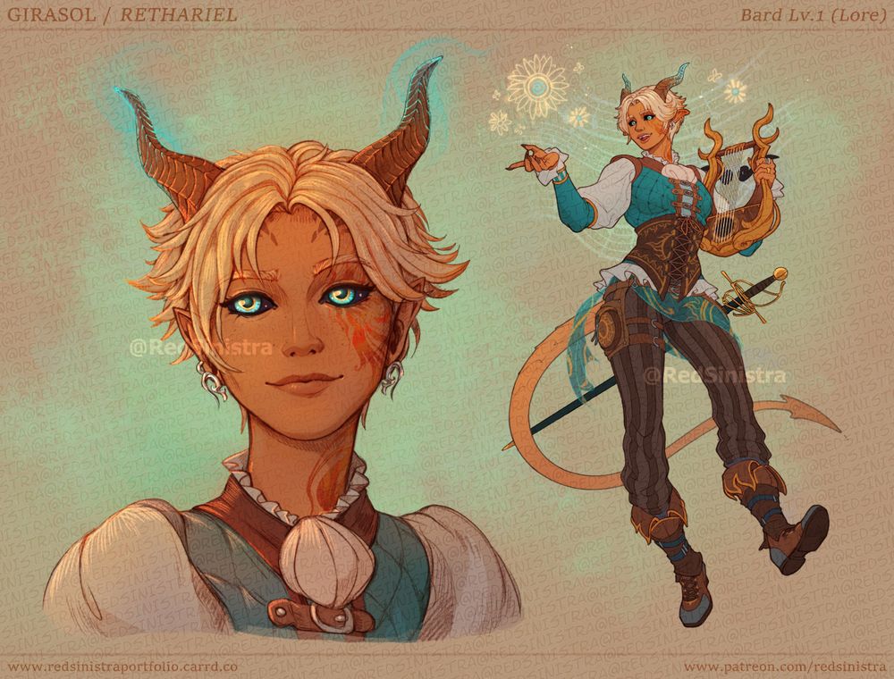 Named Girasol 🌻 (Sunflower) or Sol for short, given name Rethariel. A tiefling!. Level 1 Bard College of Lore. She's a cheery girl, with a big smirk, playful blue eyes and pixie haircut. Two small horns emerge from the sides of her head. Her skin and hair is warm (orange and orangey white) as looking at a morning dawn, while her eyes are sky blue.
Her attire is the usual for bards, with same color scheme. She has a rapier on her belt and a lyre on her hands.