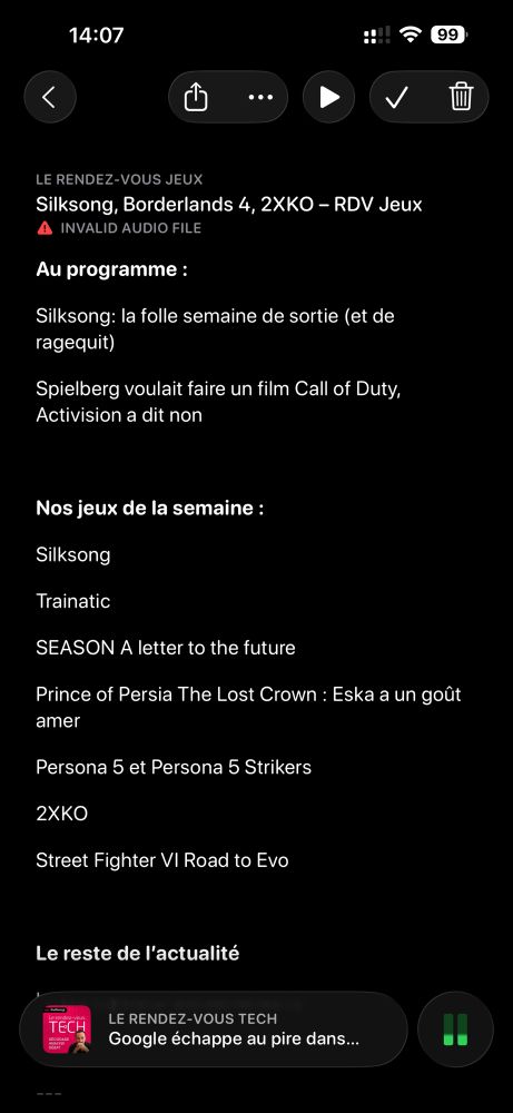 Overcast screenshot with « invalid audio file » error message 