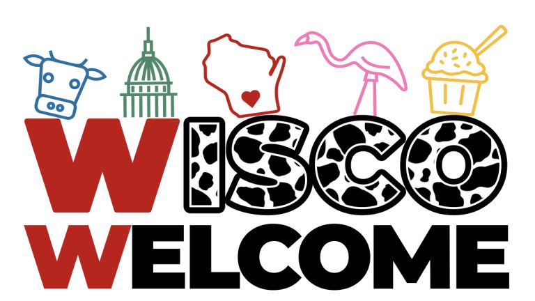 images of a cow, capital, state, flamingo, ice-cream,  above the words wisco welcome