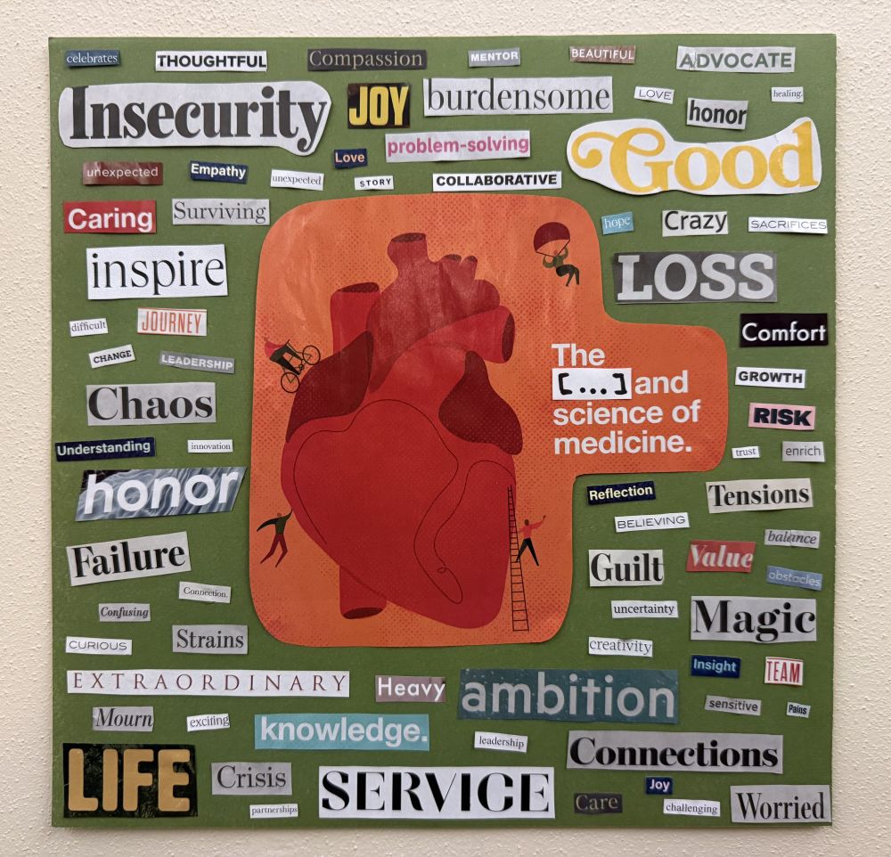 Image of a heart, a biker is on the heart, as well as a person dangling, and a ladder leaning on it with a person climbing the ladder.  Dozens of collaged words surround the heart. 