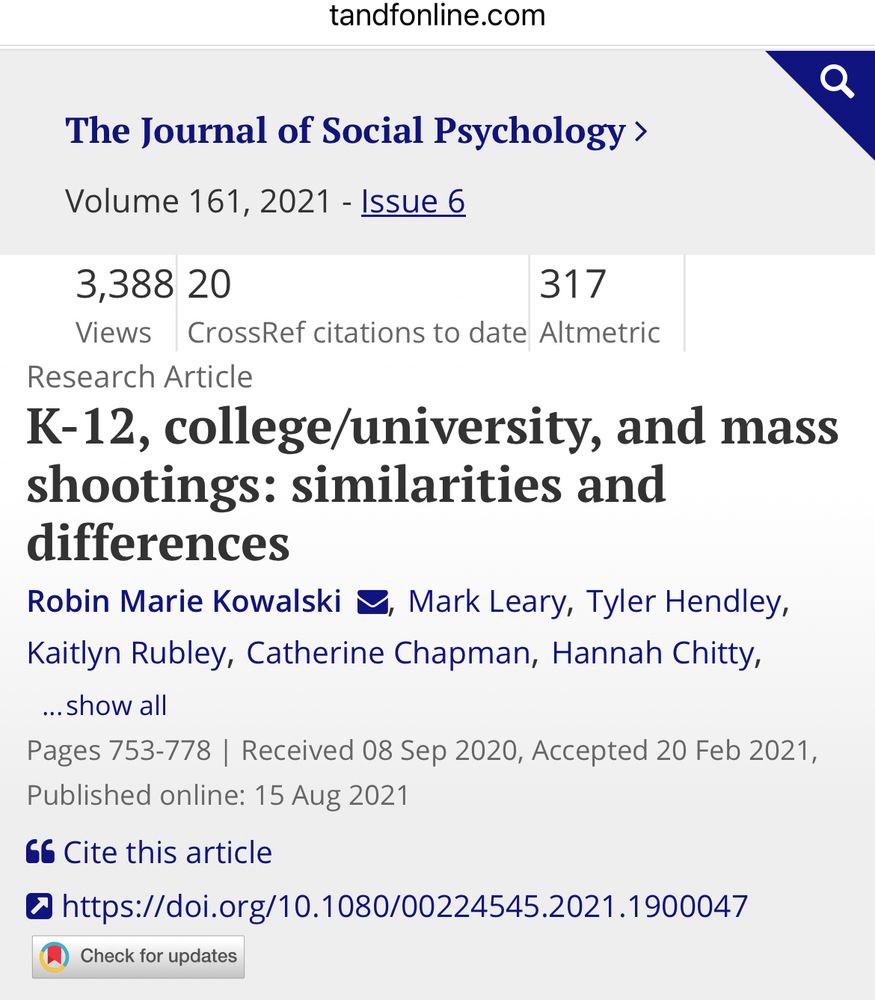 Study cited is from The Journal of Social Psychology > Volume 161, 2021 - Issue 6

“K-12, college/university, and mass shootings: similarities and differences” authors included:
Robin Marie Kowalski , Mark Leary, Tyler Hendley, Kaitlyn Rubley, Catherine Chapman, Hannah Chitty