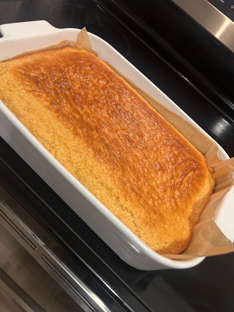 image of cornbread in white pan