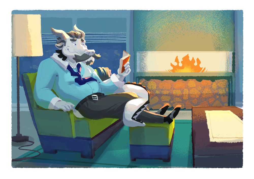 [Art by pydgyeon.bsky.social]
Heimer sitting by a fire on a couch reading a book with his feet on a foot stool.