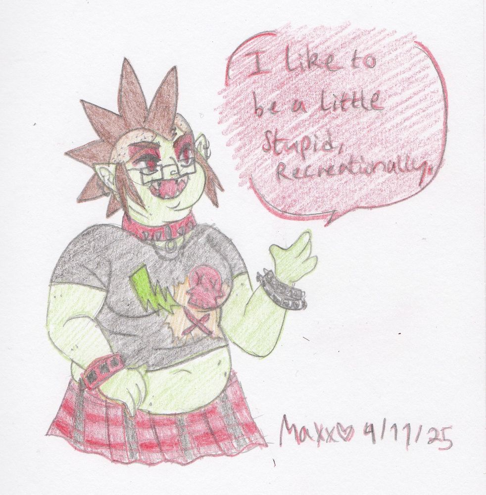 illustration of rebel from caldera, a punk chubby zombie elf, in a halfbody artwork. It is posed casually with one hand raised up as it says "i like to be a little stupid, recreationally," smiling. 