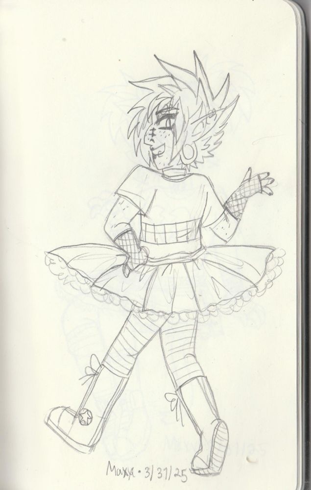 Illustration of xanthe, a slender emo elf. They walk away from the camera and smugly look back over their shoulder 