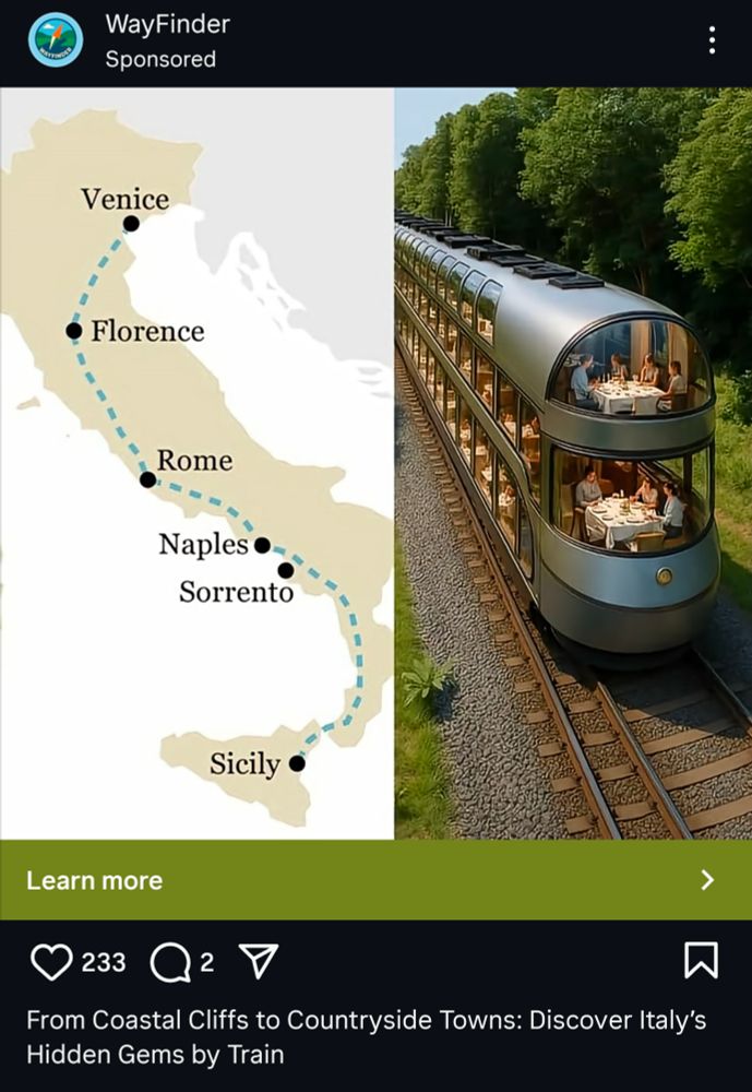 Ad showing an AI generated image of a train with two dining cars at the front of the train and no driver's area.