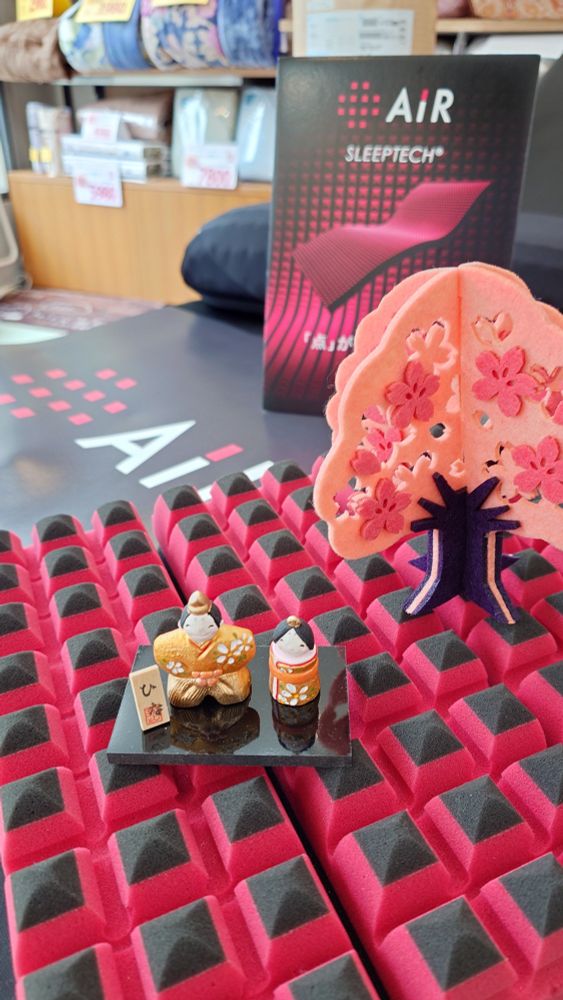 この週末も、たくさんのご来店ありがとうございます！
お雛様とさくらのちょこっと飾りで、みなさまのご来店をお待ちしております😊
ただいま新生活応援フェアー開催中です！
こんな時こそ、健康の基本である眠りを大事にしてくださいね。
お手頃なお布団から、眠りにこだわるオーダーメイドのマットレスまで。
みなさまのお悩みやご予算に合わせて、ご提案させて頂きます。