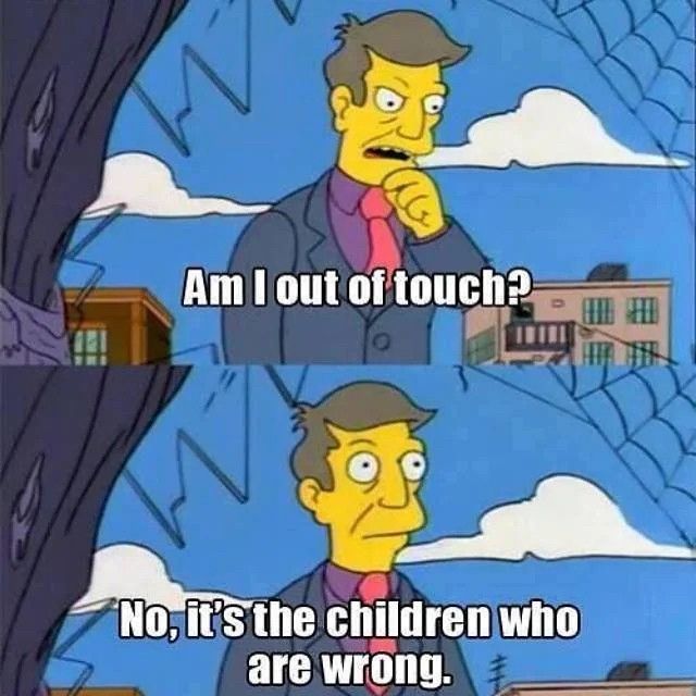 Principle Skinner from The Simpsons. "Am I out of touch? No, it's the children who are wrong"