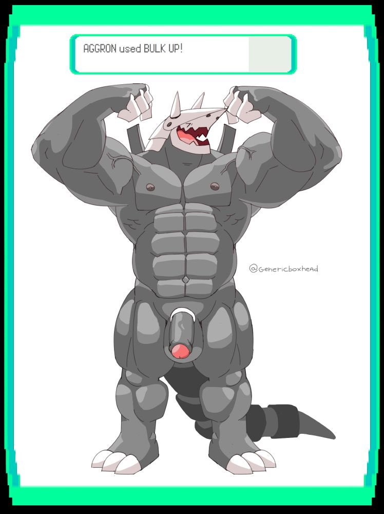 Aggron naked flexing both of his arms withe the text above their head "AGGRON used BULK UP!"
