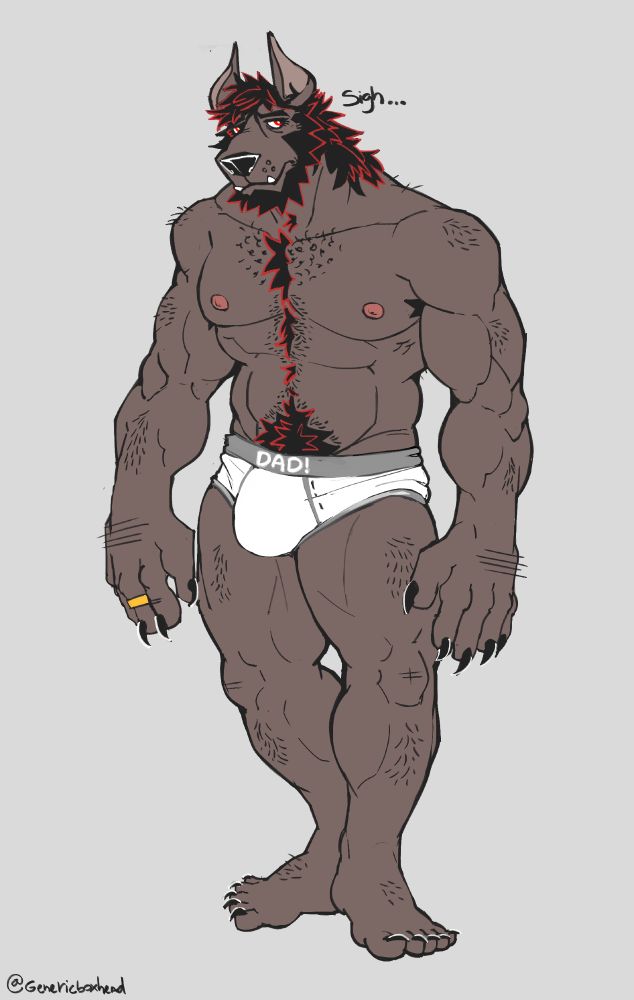 My character Horror in his underwear only, he with an embarrassed look while letting out a Sigh, because of his underwear strap has the word DAD! in it, which he finds pretty dumb;