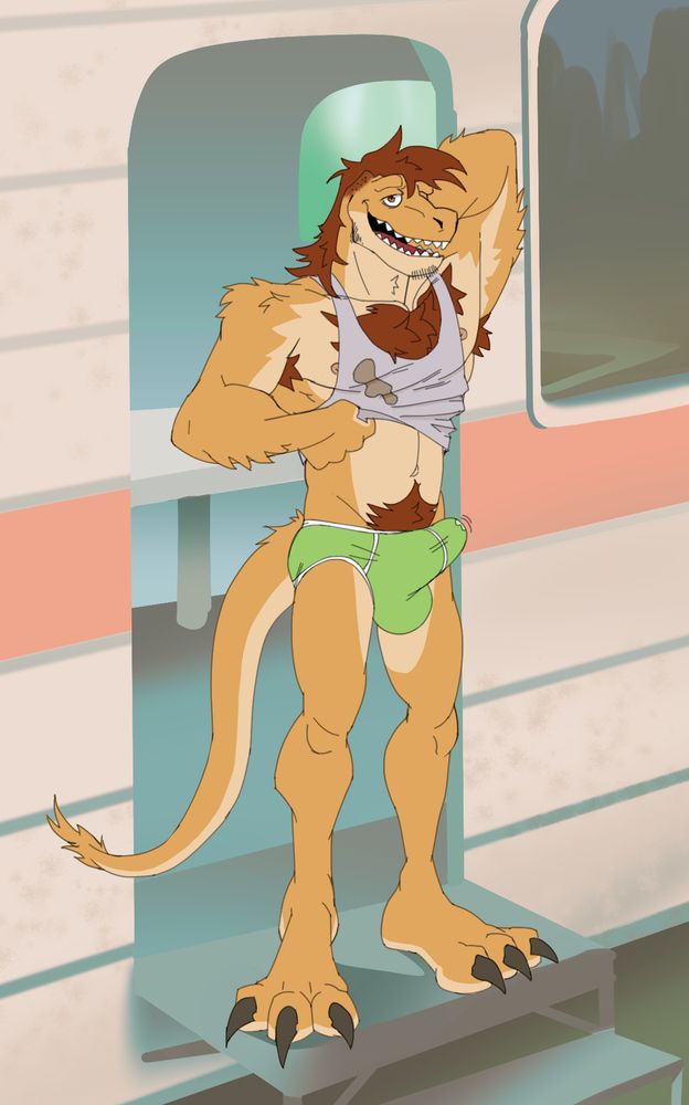 Havarti getting of his trailer only in a dirty tank top and green boxer underwear with a huge bulge boner showing