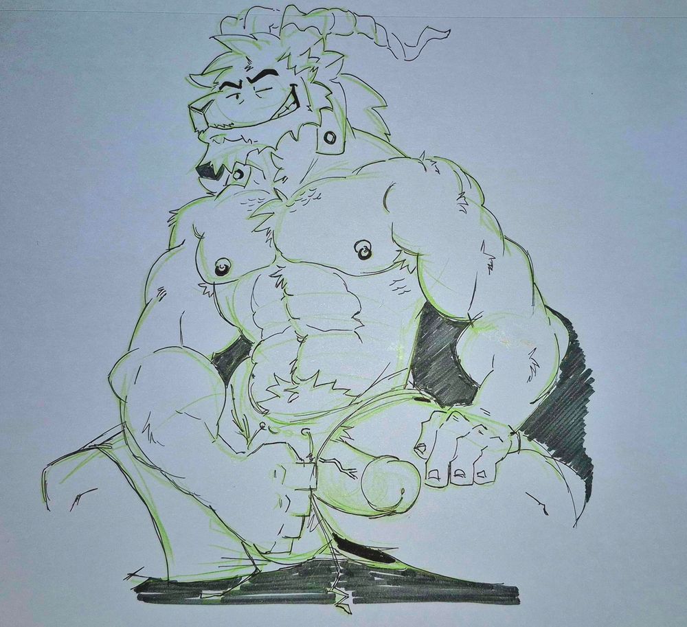 sketch of Rick sitting down while only wearing very tiny shorts, he is pulling part of it to show his dick boner peak inside of it while giving a wink to the viewer 