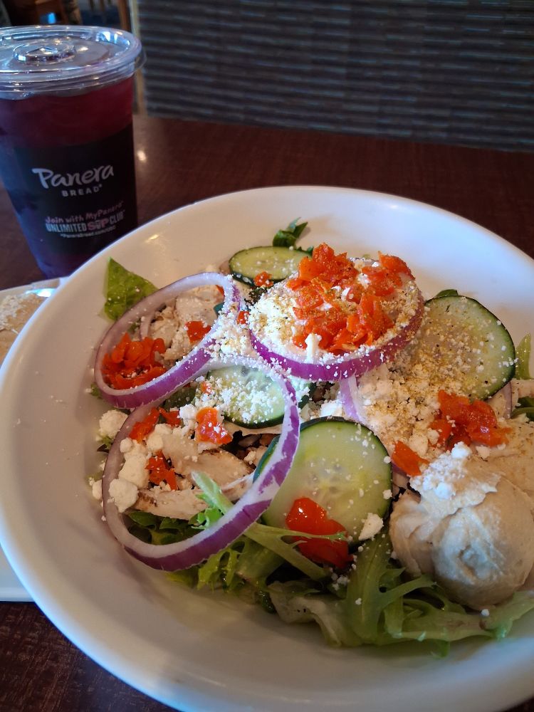 Panera Bread Mediterranean with grains and chicken salad and a hibiscus tea 
