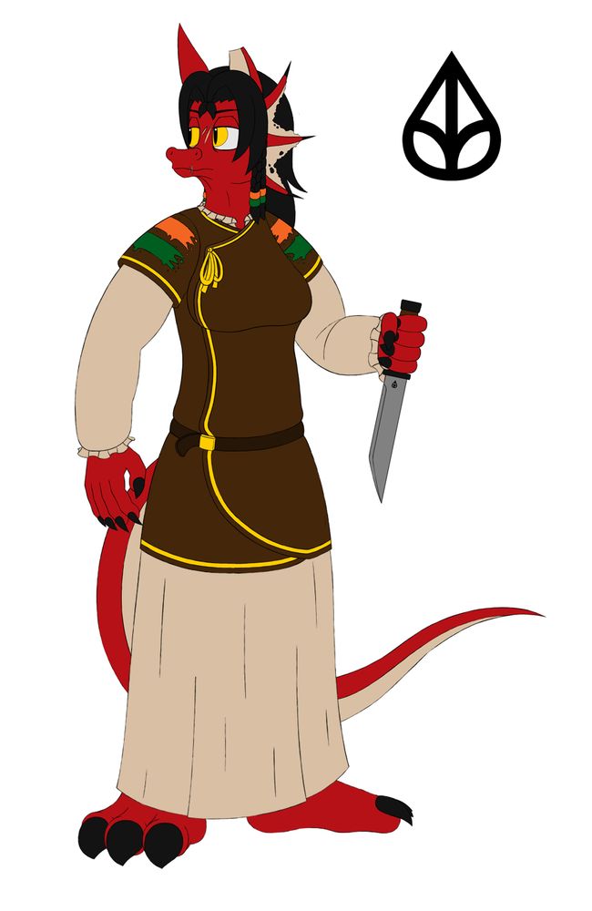 A red-skinned dragon lady looking behind her with a frown on her visibly scarred face. She's wielding a knife in her left hand.

She is garbed in a dark brown tunic that harbors a golden yellow trim along the edges, with green and orange stripes painted atop the sleeves. Beneath this tunic, she's wearing a long-sleeved garment hemmed with frills and long skirt that goes down to her exposed and clawed feet, both the garment and skirt are light tan in coloration.

An emblem is situated in the upper right corner.

Garment is typically worn during the winter seasons or other extended periods of time when Sharon isn't partaking in mercenary work.