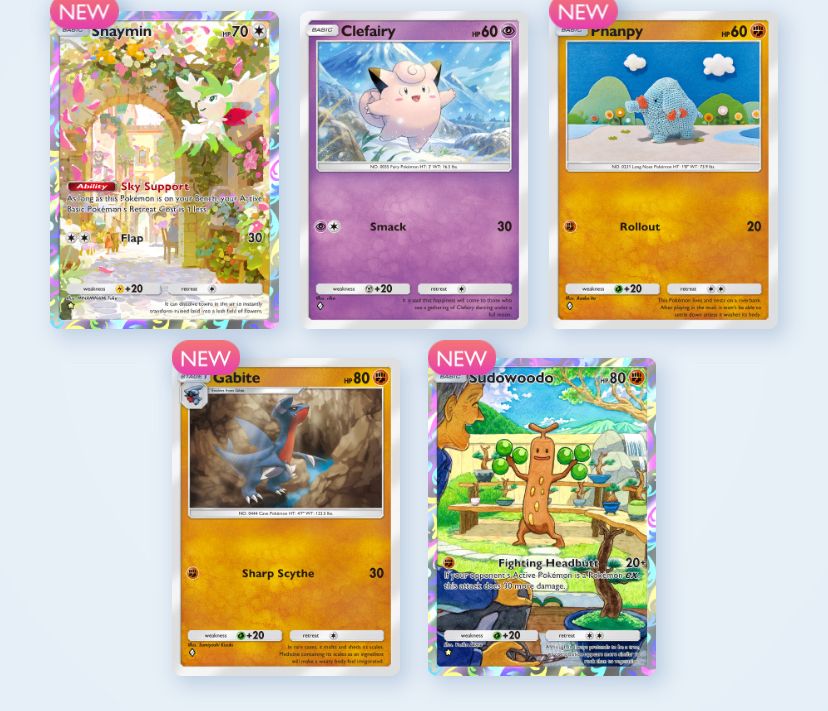five pokémon cards in pokemon TCGP. the first one is a shaymin full art and the last one is a sudowoodo full art, the rest are random common pokemon not worth looking at