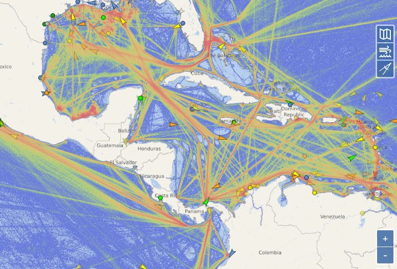 Map showing shipping lanes in the Caribbean and Pacific ocean.