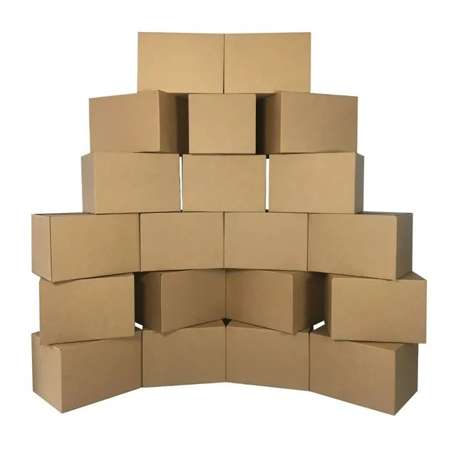 Identical plain brown cardboard boxes, stacked into a pile.