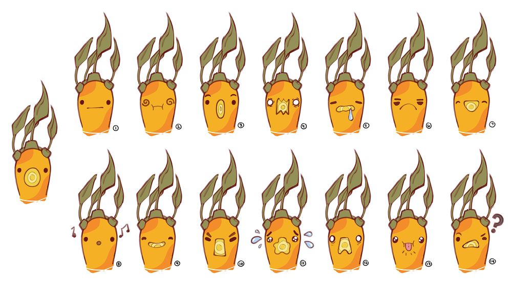 A collection of 15 little creatures called Carrotlings, which look like carrots walking upright with thin leaves for hair and goofy little faces. There's one leading "example" Carrotling followed by two rows of seven Carrotlings with various expressions on their faces.

Top row, left to right: Neutral, Dizzy, Surprised, Rage, Drowsy, Unamused, and Happy!
Bottom row, left to right: Idly singing, Content, Yelling, Crying, Horrified, Sillyyy 😋, and Eh???