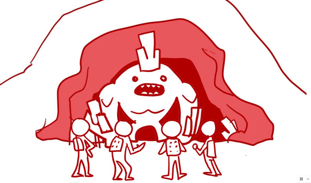 A monochrome red-and-white doodle, used as a storyboard image for the Starseeker announcement trailer. It depicts a large, crystalline creature emerging from a cave and roaring at four Astroneers. This storyboard paints the creature with a decidedly goofy expression, not dissimilar to the Japanese mascot Domo.