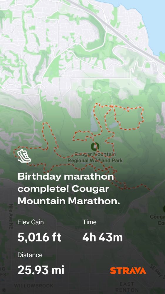 Screenshot of Strava showing my Cougar Mountain Marathon. 