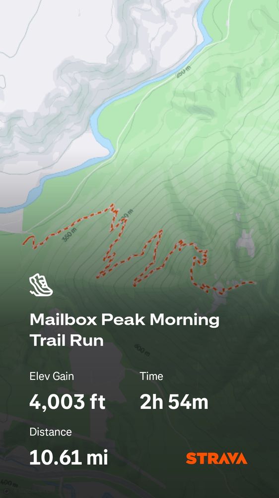 Screenshot of Strava showing my 10.61 mile run up to Mailbox Peak with 4,003 feet elevation gain. 