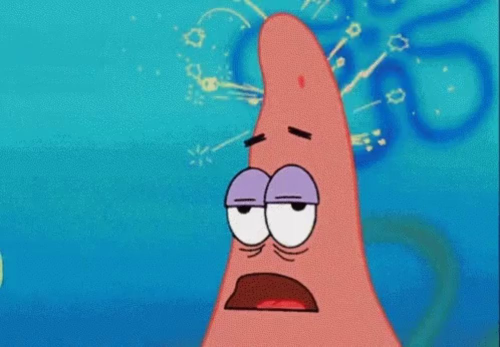 patrick star from spongebob squarepants has a purple eye and a red spot on his head .