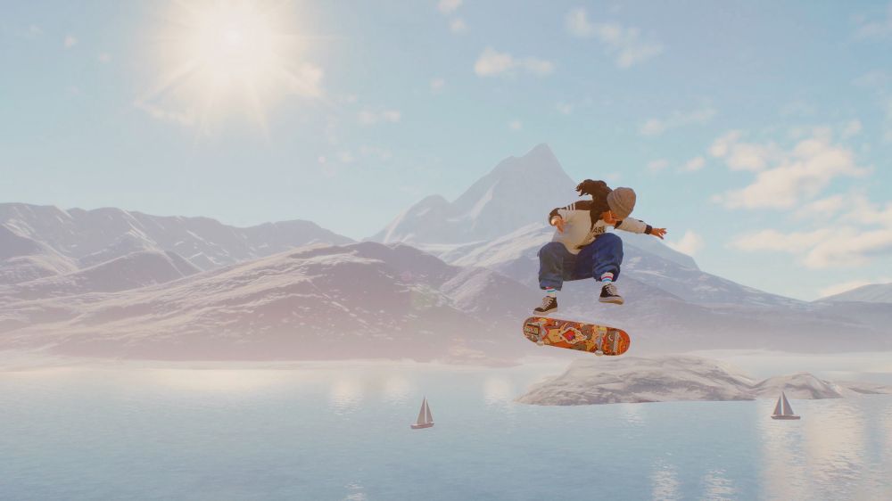 A landscape shot of my Skater PC doing flip tricks mid-air with the sun, waters, and the mountains of San Vansterdam in the background.