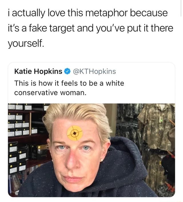Katie Hopkins tweet of a photo of herself wearing a fake gun target on her forehead.

Katie Hopkins @KTHopkins: This is how it feels to be a white conservative woman.

Unknown person QT response:
i actually love this metaphor because it's a fake target, and you've put it there yourself.


