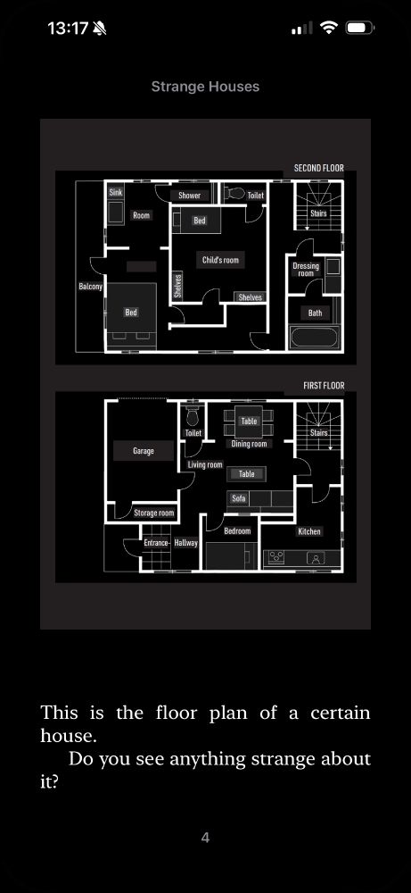 The first page of the novel, showing a floor plan and the question “do you see anything strange about it?”