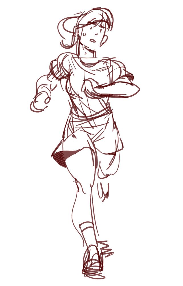 red digital ink sketch of a girl jogging towards the camera, sweating