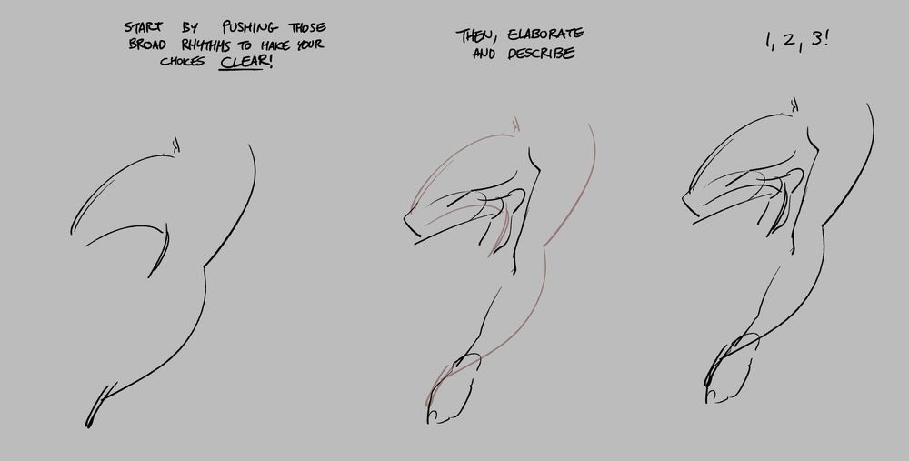 Start by pushing those broad rhythms to make your choices CLEAR. [a sketch of very pushed rhythms so that it's obvious where things are going. Pushed far beyond what we would see IRL].

Then, elaborate and describe. [The previous sketch turned red with lowered opacity, as new lines overtop show how I use those original rhythms as a basis for developing nuance without getting rid of the original lines]

1, 2, 3! [The two sketches put together in solid black, showing how even though lines seem to pull through and across each other the drawing is clear because it follows the underlying pushed rhythms.]