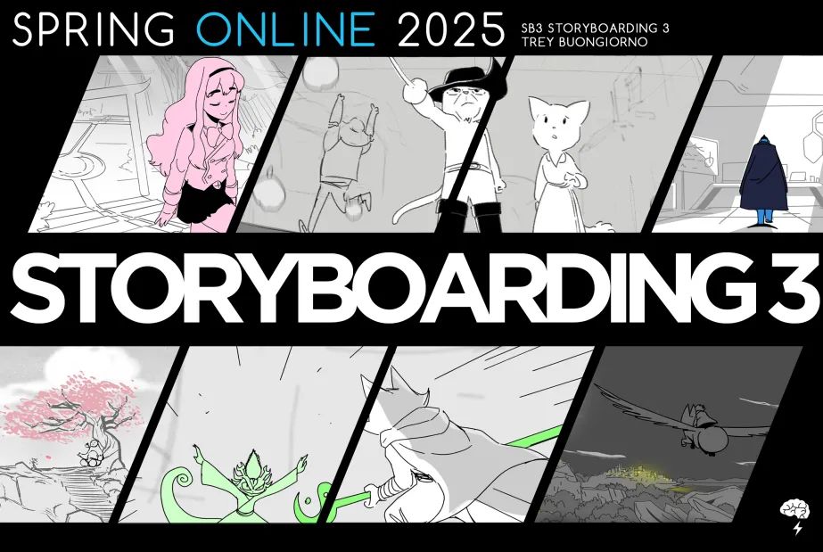 Promo card for Trey Buongiorno's storyboarding 3 class in spring 2025