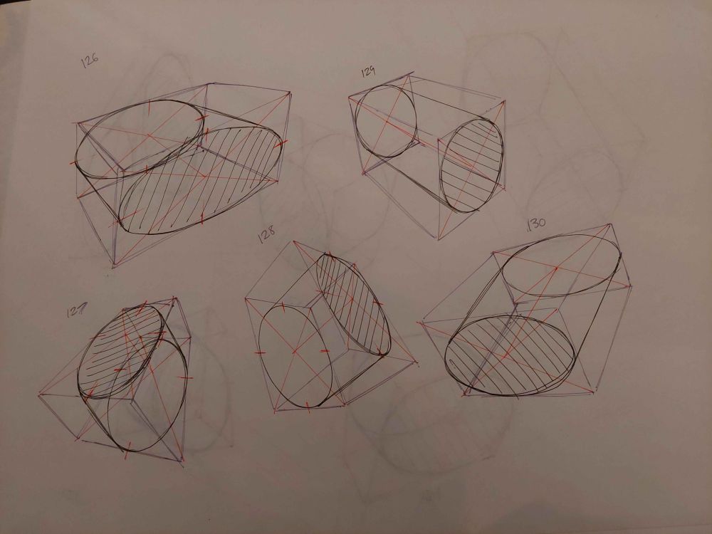 a set of 5 boxes, numbered 126 to 130, all of which with cylinders drawn inside them matched to their relative respective. There are also measurements showing the center points of the boxes and the places where the cylinder would touch the edge of the box relative to that.

This picture is taken before the final step of extruding the lines to check the accuracy of the boxes (because it would look incredibly messy and hard to read if I'd taken a picture afterwards)